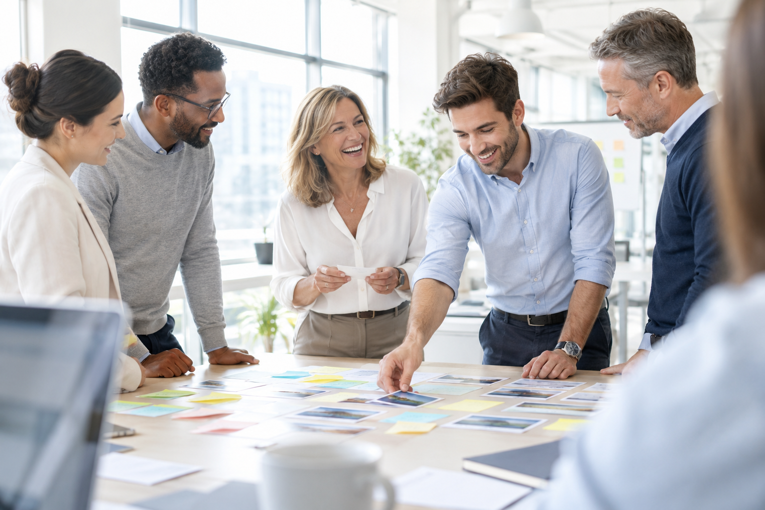 Atelier court de formation, collaborateurs autour d'une table de post-it