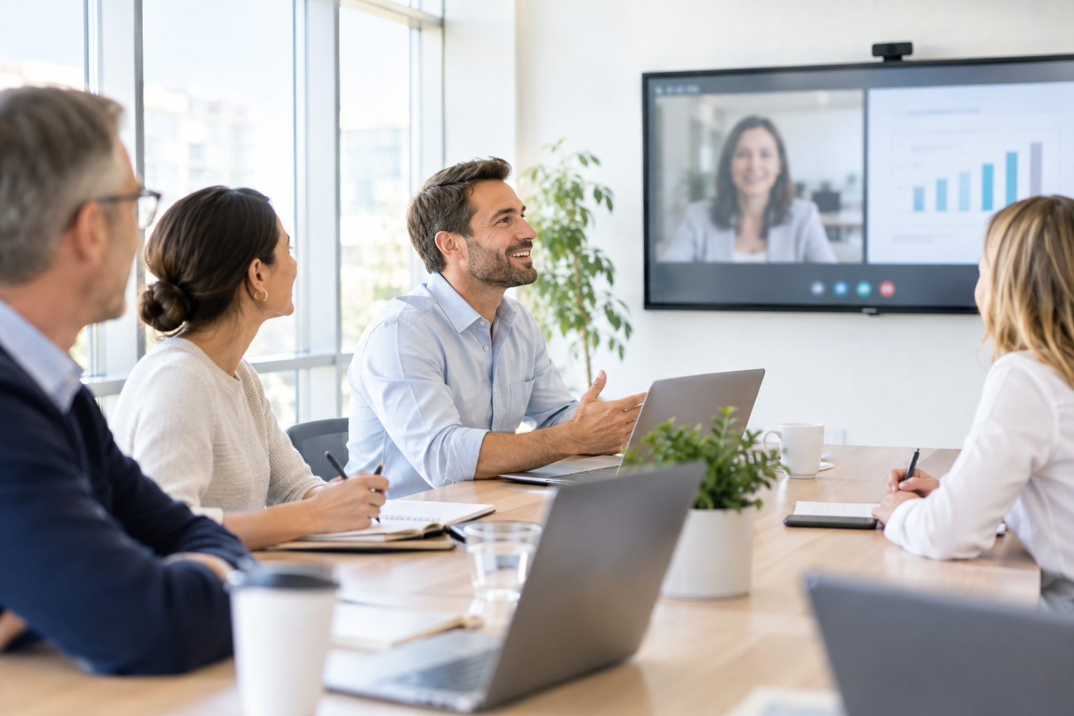 Formation à distance suivie en visioconférence depuis une salle de réunion de l'entreprise