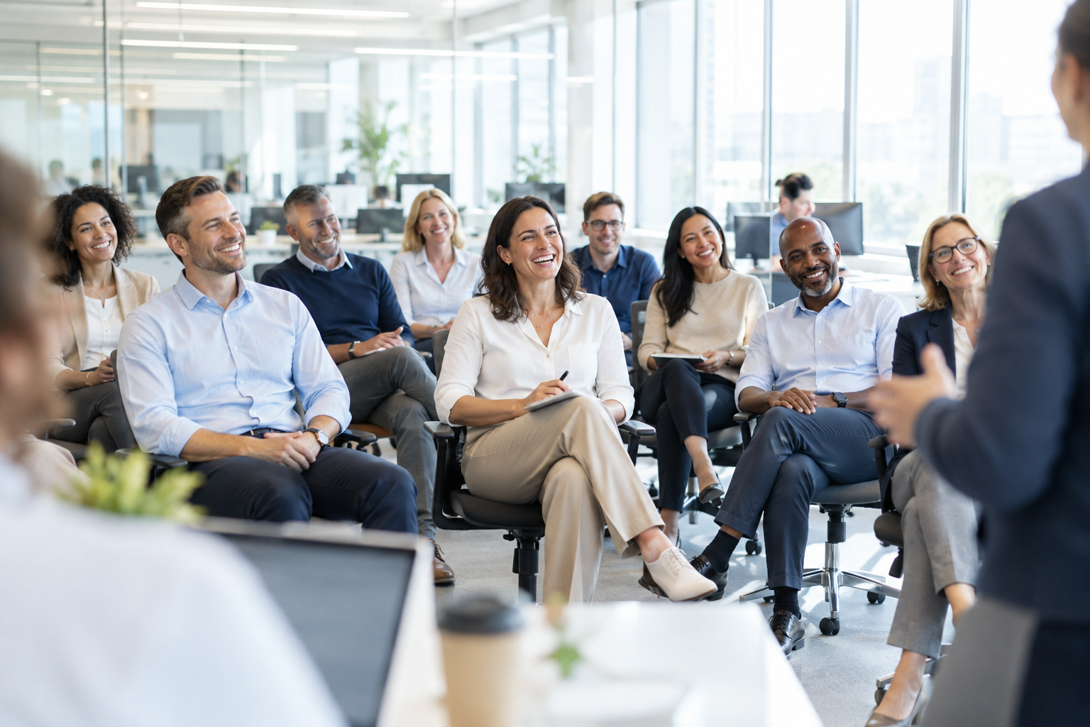 Formation intra-entreprise dans les locaux du client, équipe réunie autour du formateur