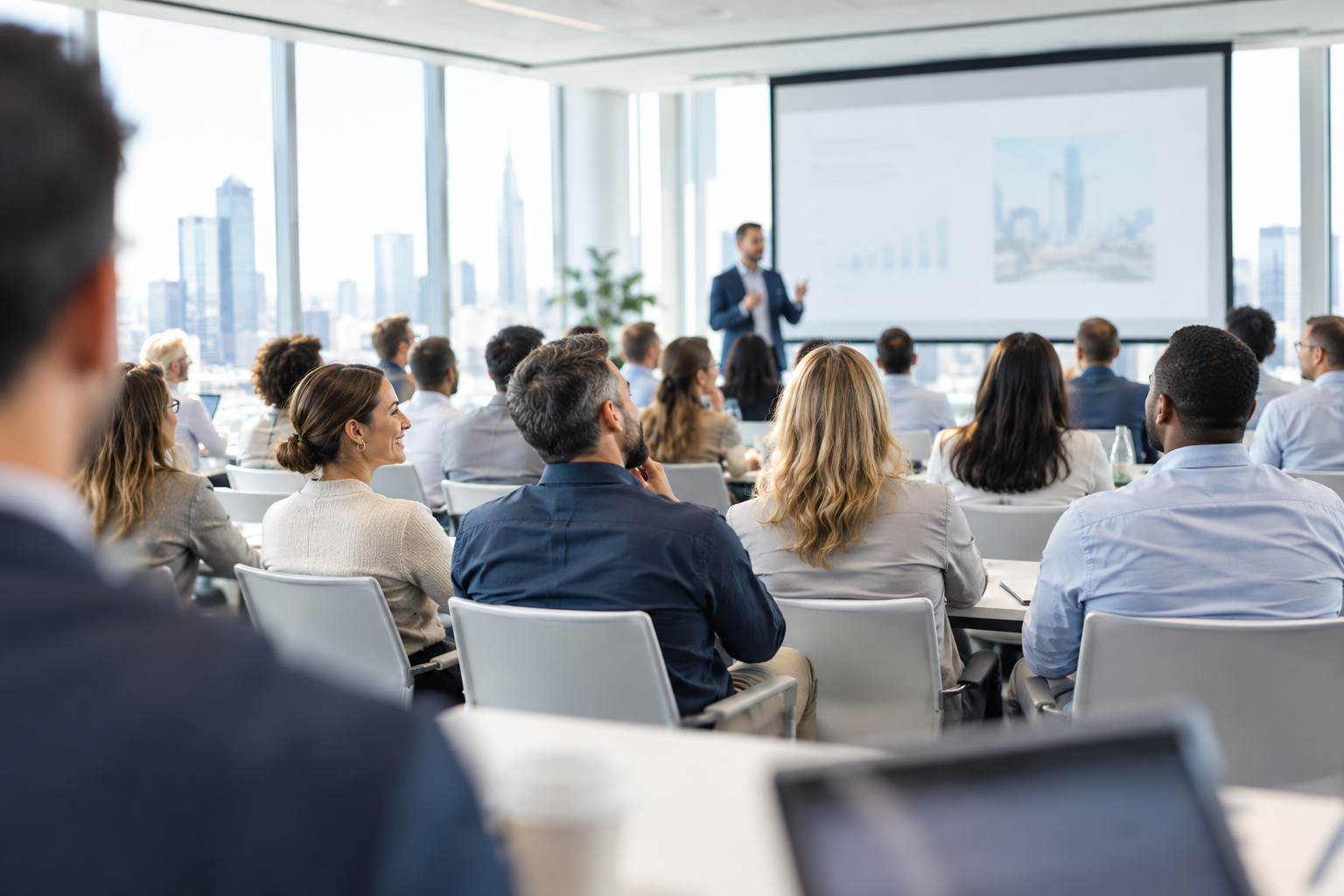 Formation en grande entreprise, session collective dans une tour de bureaux