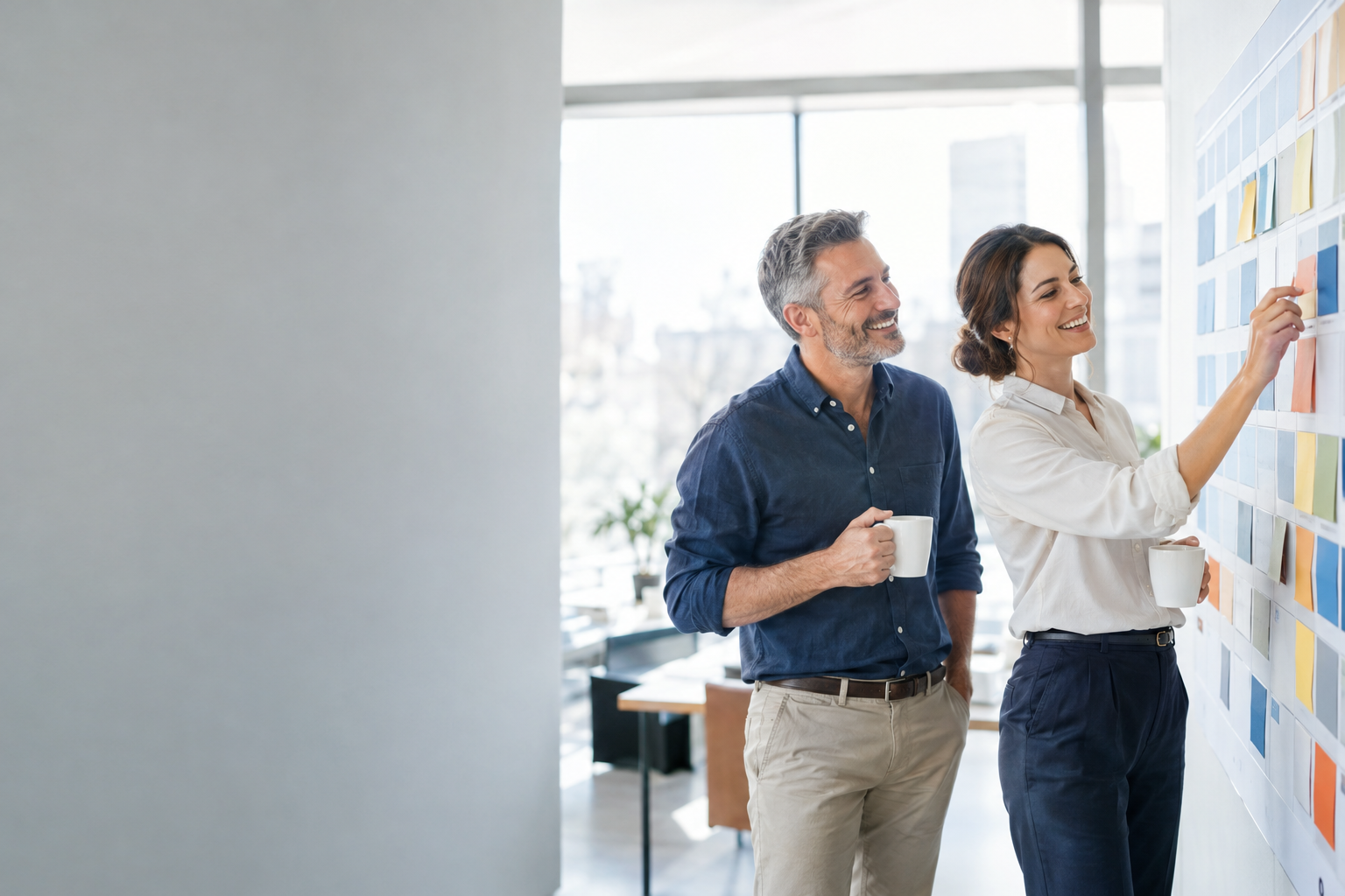 Responsable formation et formateur construisant un programme devant un mur de post-it