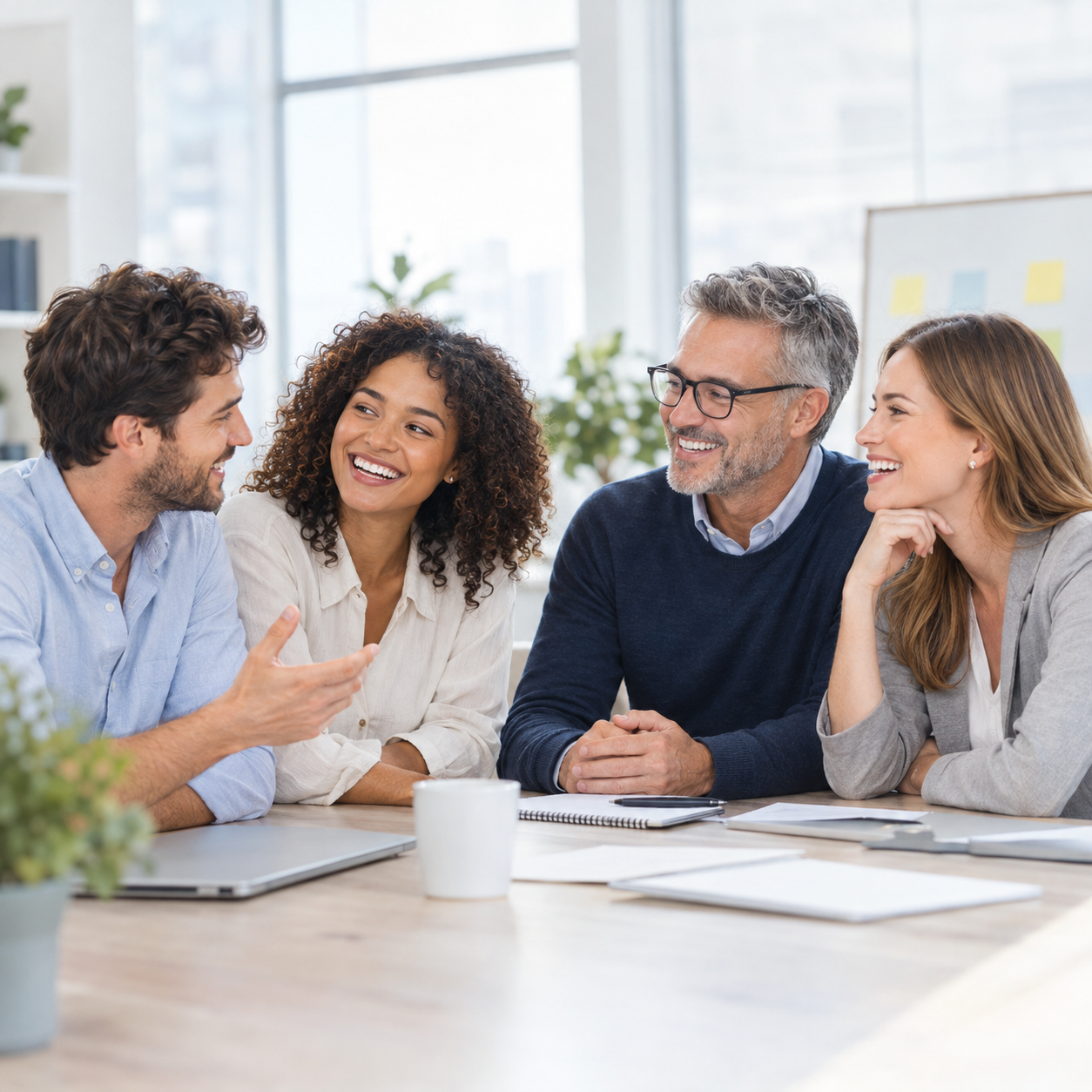 Équipe souriante pendant une session de formation en entreprise