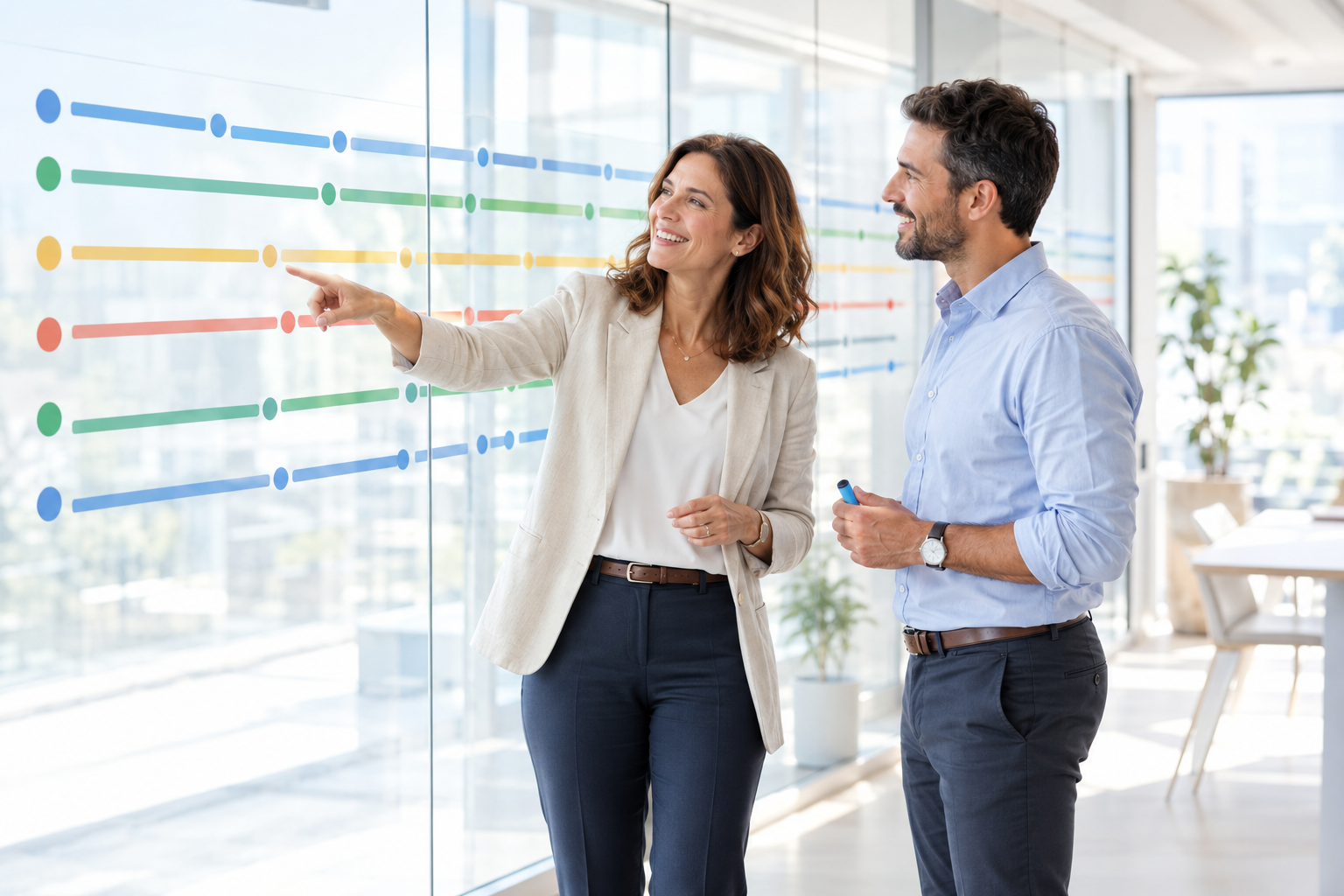 Responsable formation et formateur devant la frise d'un parcours de formation sur plusieurs mois