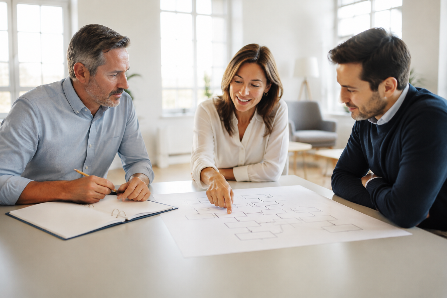 Formateur et chefs d'équipe construisant un programme à partir d'une procédure interne